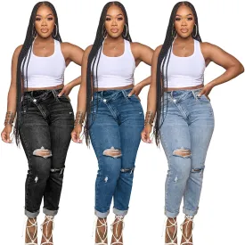 2023 New Arrivals Chic High Waist Ripped Jeans Women Slim Fit Stretchy Fashion Denim Casual Trousers & Pants Plus Size