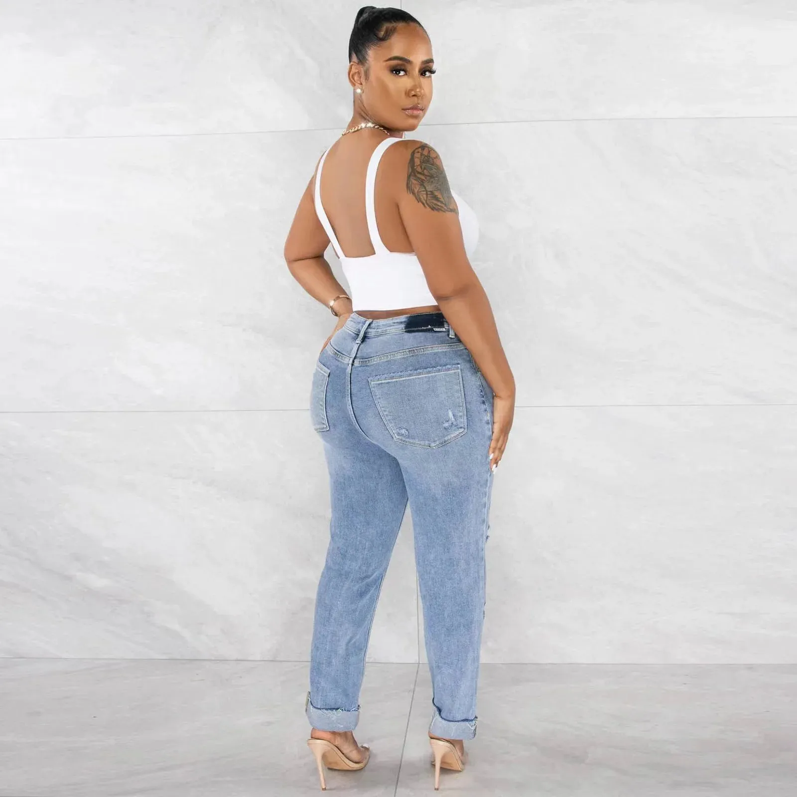 2023 New Arrivals Chic High Waist Ripped Jeans Women Slim Fit Stretchy Fashion Denim Casual Trousers & Pants Plus Size