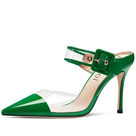 Aachcol Women Sexy Clear Slingback Ankle Strap Stiletto High Heel Pumps Close Pointed Toe Dress Shoes Party Wedding Patent Deep Green 3 Inch