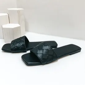 Always Looking Up Basket Weave One Strap Slide On Sandals in Black