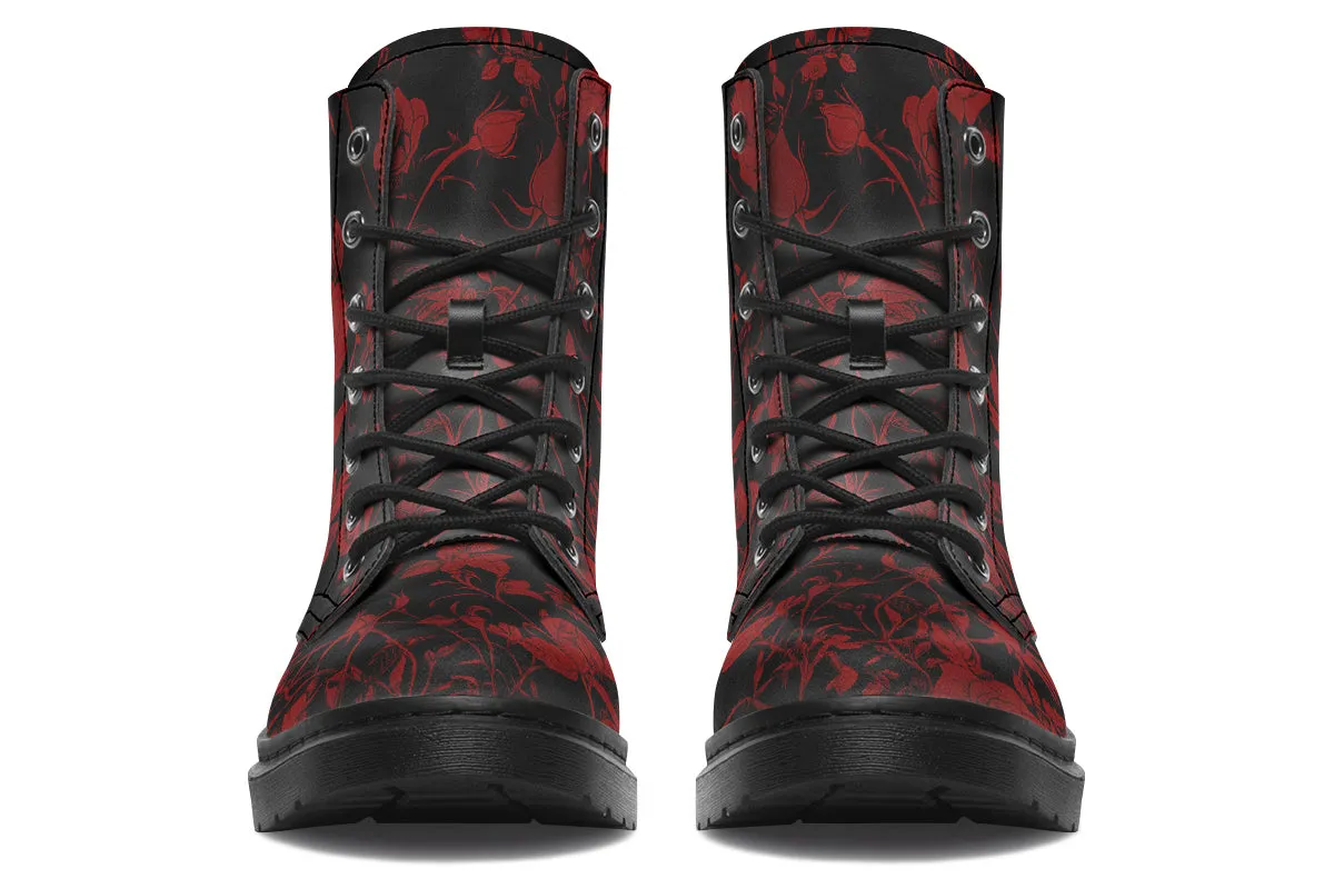 Blood Rose Romance Boots - Vegan Leather Doc-Style Boots with Durable Stitched on Soles