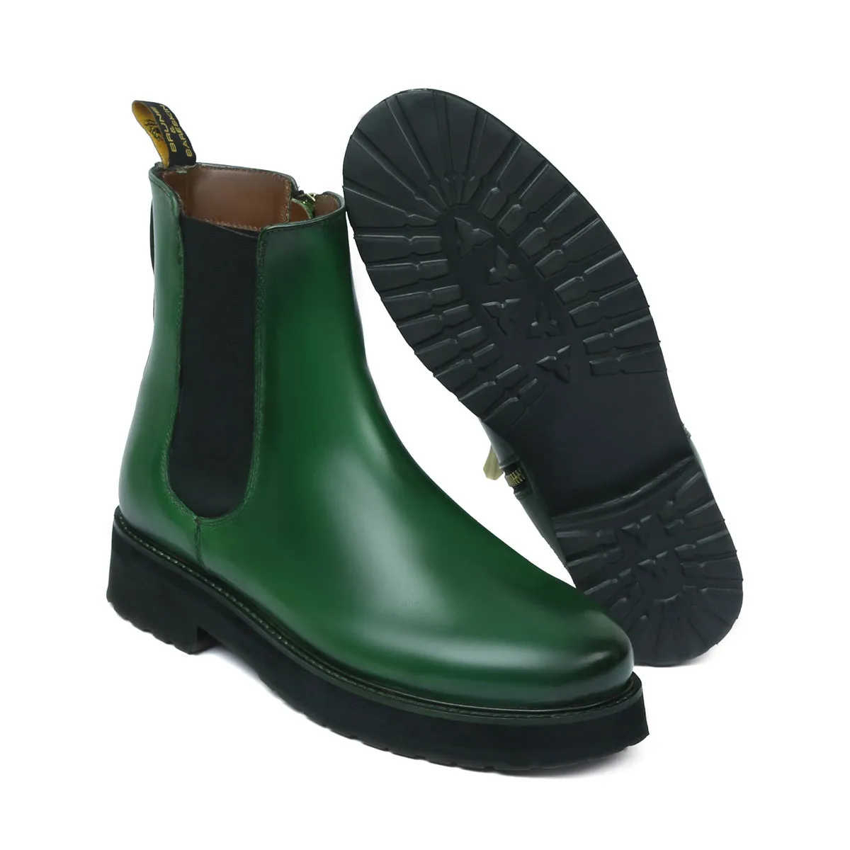 Brush-off High Ankle Chelsea Boots in Green Leather With Light Weight Sole By Brune & Bareskin