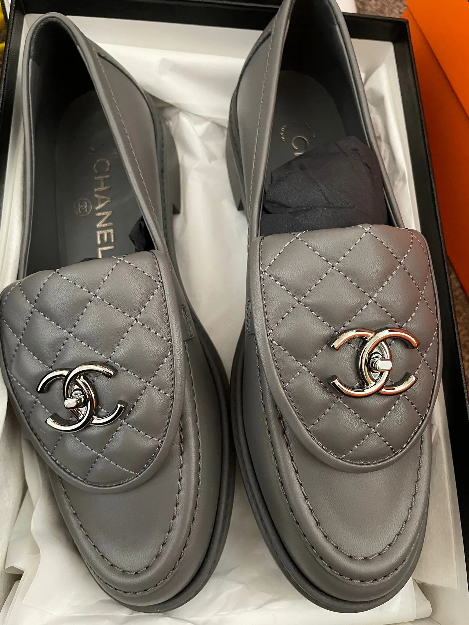 Chanel Quilted Leather Loafers (Dark Grey)