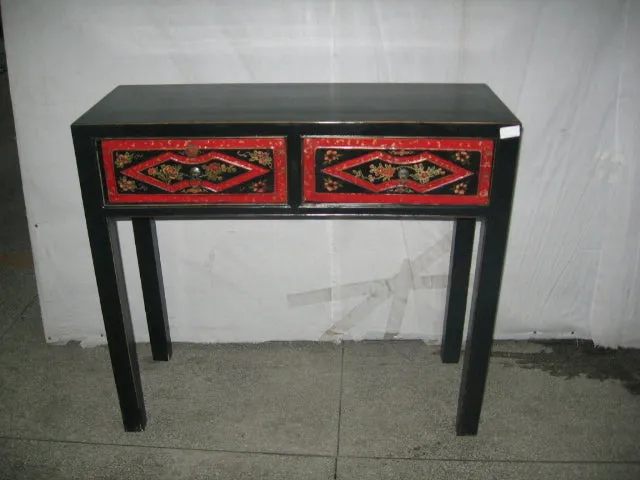 Chinese antique black console with painted drawers