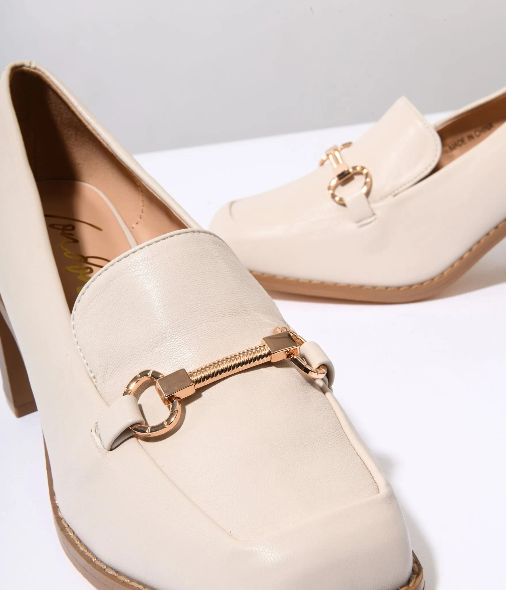 Cream Leatherette Block Heel Loafers