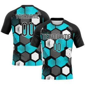 Custom Black Aqua-White Geometric Shape Sublimation Volleyball Uniform Jersey