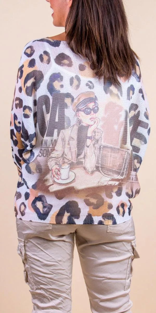 Emy Batwing Sweater With Girl Coffee Print