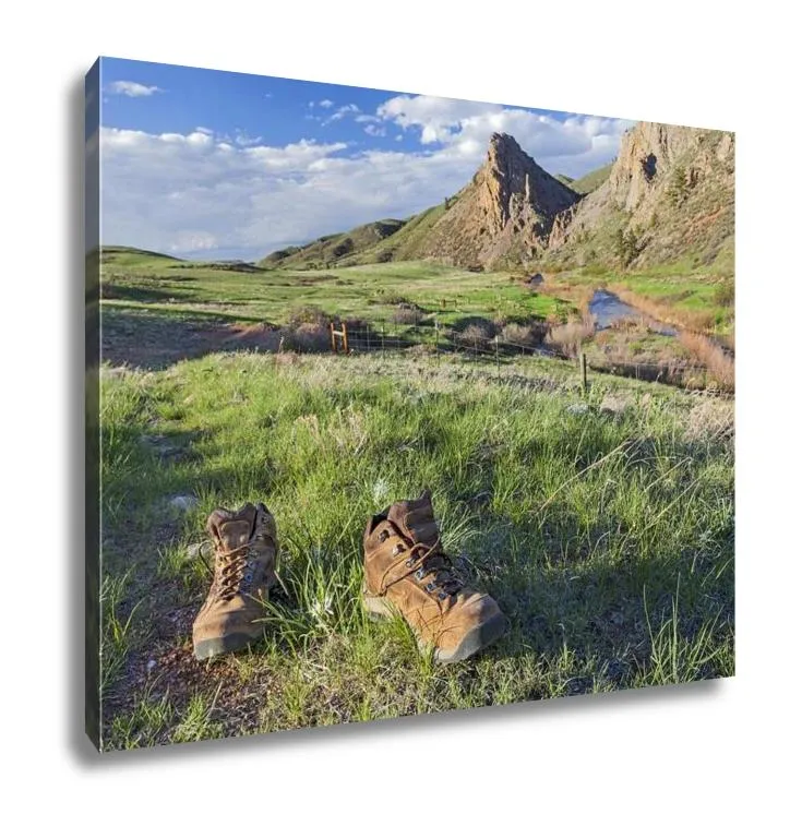 Gallery Wrapped Canvas, Hiking Boots On A Trail Eagle Nest Rock Open Space In Colorado At Springtime