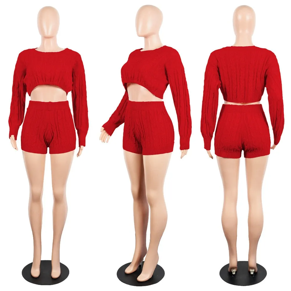 H.O.C Two Piece Fall/Winter Long Sleeve Knit Sweater Tops Bodycon Shorts Sexy Matching Sets