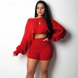 H.O.C Two Piece Fall/Winter Long Sleeve Knit Sweater Tops Bodycon Shorts Sexy Matching Sets