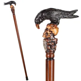 Intricate Handcarved Black Crow & Skull Artisan Cane - Unique