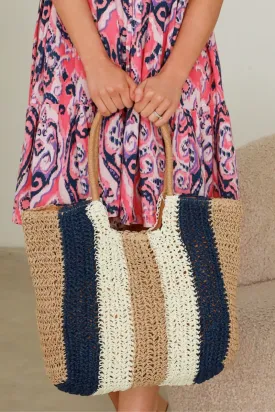 Isabella Boho Lagunda Straw Nat/Blue Beach Bag