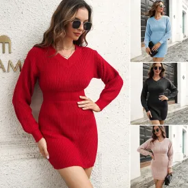 The New H.O.C Classy Fall and Winter High-Waist Long Sleeve V-Neck Knitted Sweater Dress