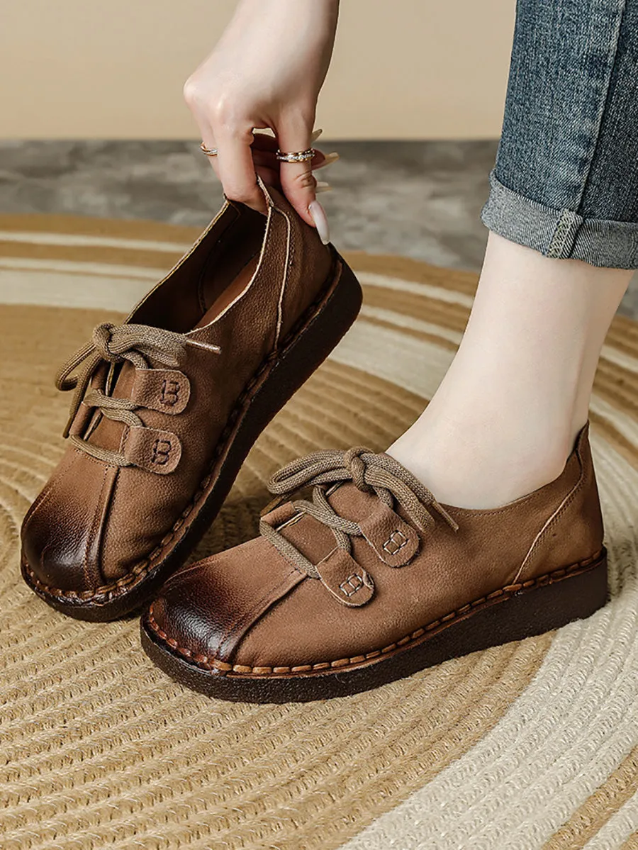 Women Autumn Retro Strap Leather Spliced Flat Shoes