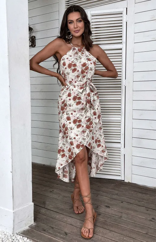 Women's Seaside Resort Slip Dress Halter Floral Print White Dress