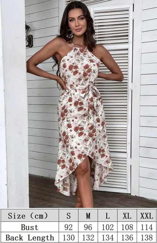 Women's Seaside Resort Slip Dress Halter Floral Print White Dress